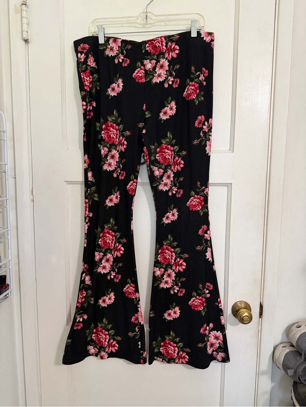 No Boundaries Black Floral Boot Cut Pants with Pink Roses 🌹